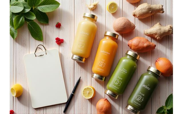 Pelbagai botol jus dengan label yang berbeza tersusun rapi, melambangkan pilihan program detoks yang disesuaikan.